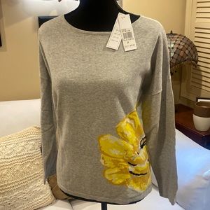 Joan Vass women’s large petite lightweight sweater gray with yellow flower NWT